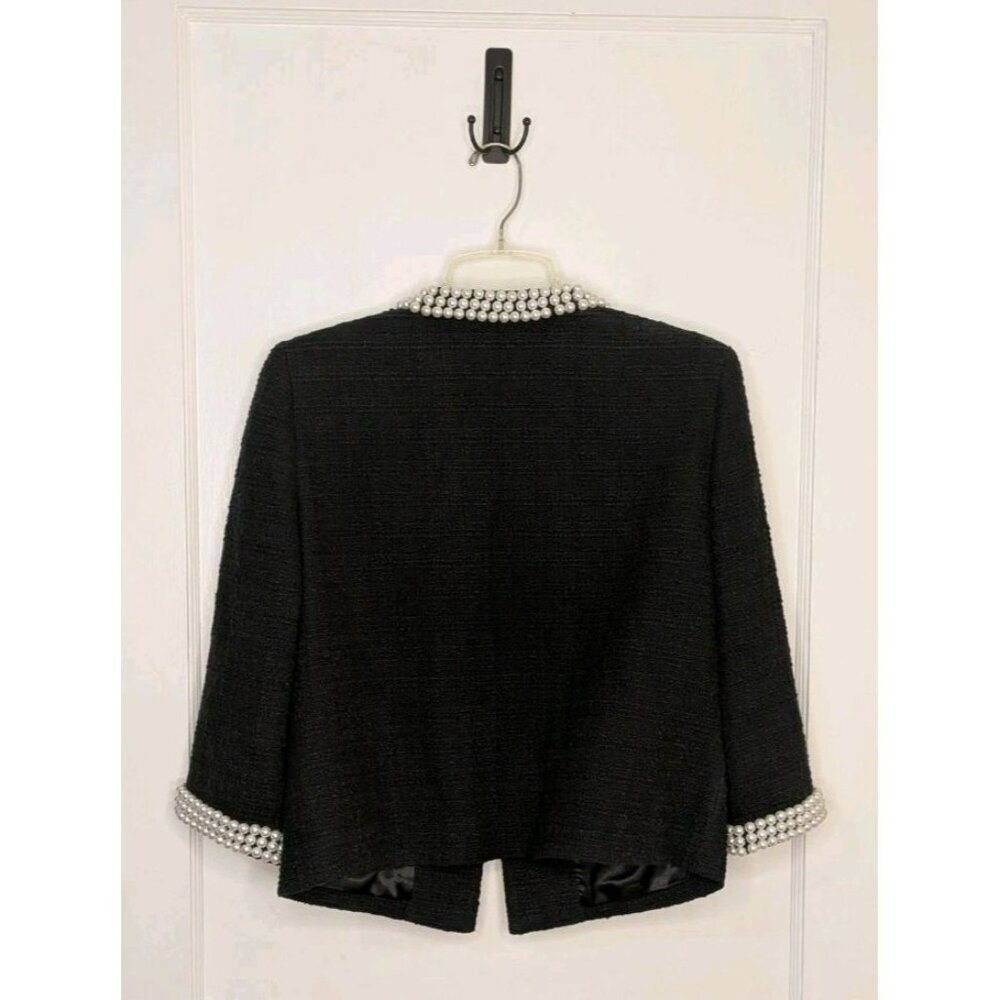 Size 14 Boston Proper Black Tweed Blazer Faux Pearls Trim - Picture 2 of 6